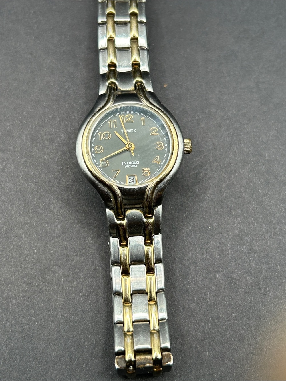 Timex Two-Tone Silver and Gold Indiglo Watch with Black Dial